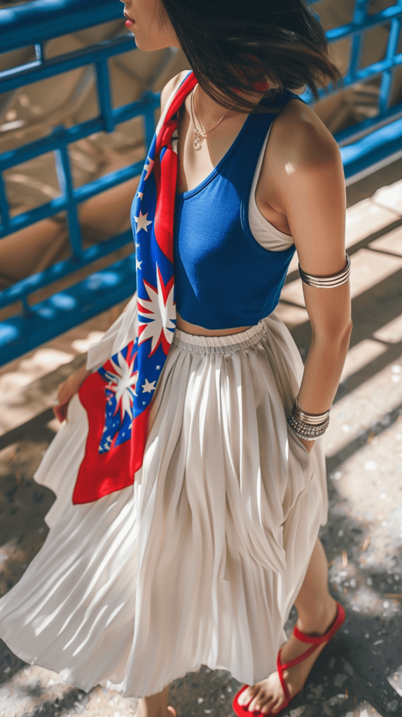 A woman wearing a blue tank top tucked into a white, pleated skirt, red sandals, a star-spangled scarf, and silver bangles. 4th of July outfits.

