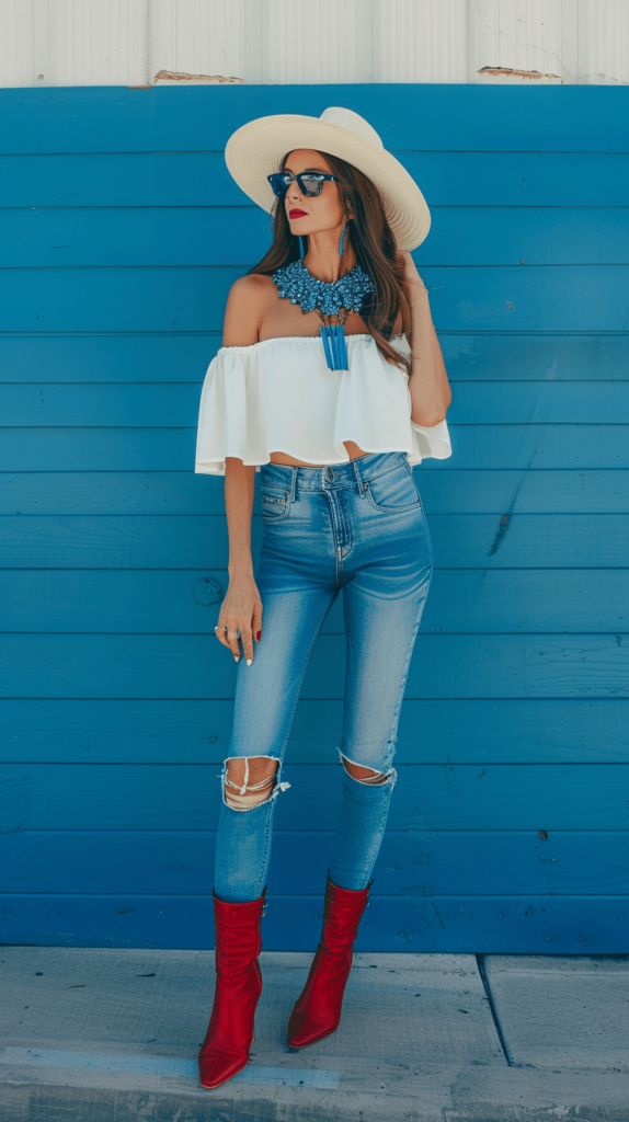 A woman wearing a white off-shoulder top paired with blue skinny jeans, red ankle boots, a blue statement necklace, and a white sunhat.

