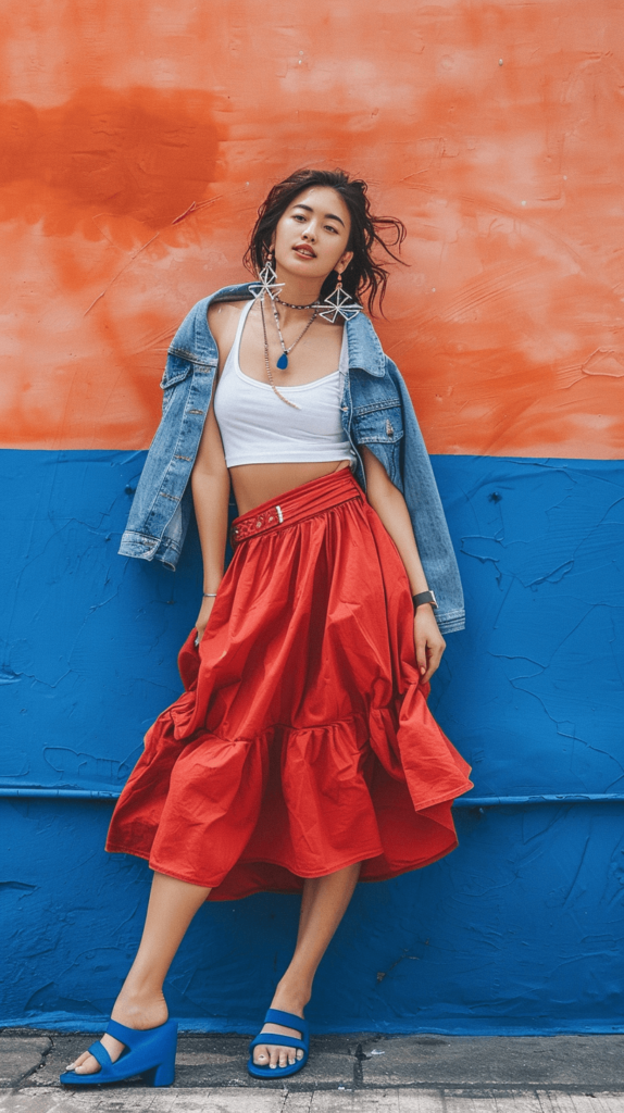 A woman wearing a white tank top tucked into a red, high-waisted skirt, blue sandals, star-shaped earrings, and a denim jacket. 4th of July outfits. 

