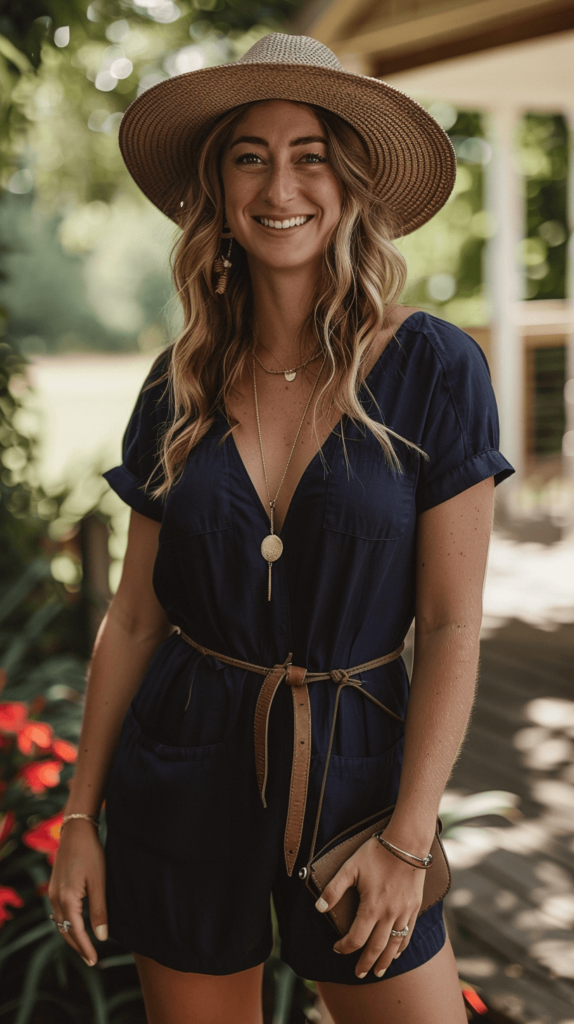 An attractive woman enjoying a garden party, wearing a navy blue romper with a cinched waist and short sleeves. She has on brown gladiator sandals, a long pendant necklace, a floppy hat, and is carrying a crossbody bag.