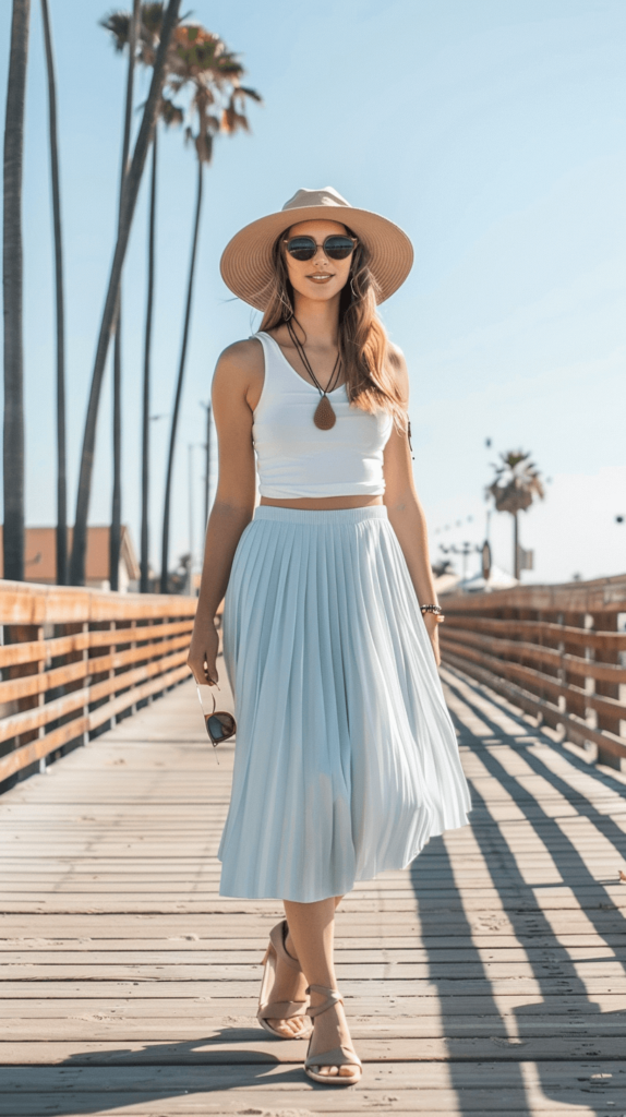 An attractive woman strolling along a boardwalk, wearing a light blue midi skirt with a high waist paired with a white tank top. She is wearing nude ballet flats, a statement necklace, a wide-brimmed hat, and round sunglasses. Casual summer outfits. 
