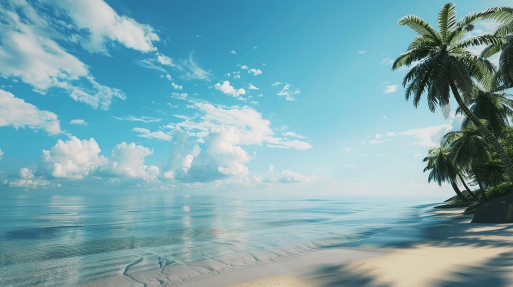 beach on a cloudy day with palm trees