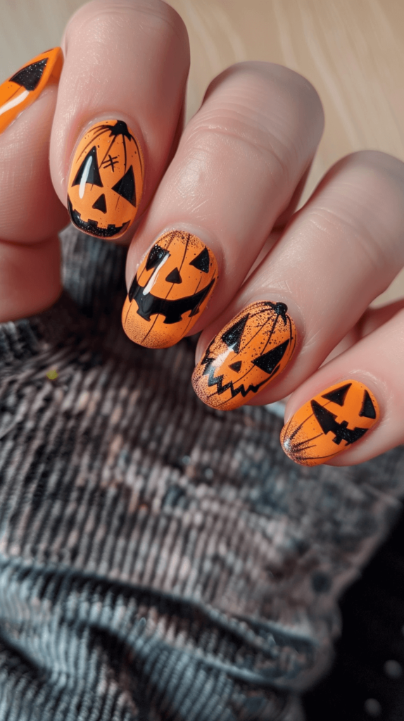 Nails with an orange base and various jack-o'-lantern faces drawn in black on each nail. Some faces are smiling, while others look spooky.