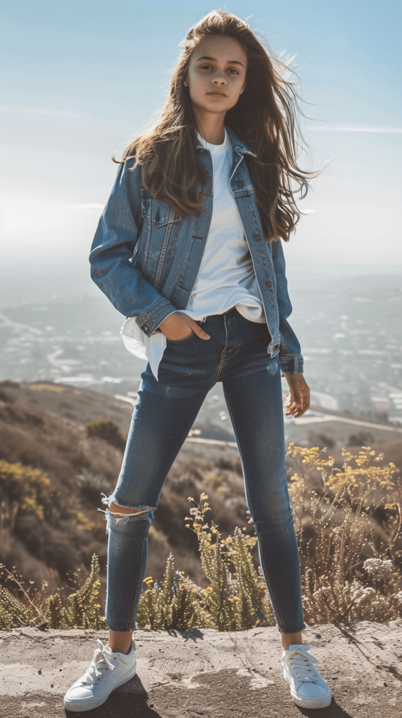 A pretty teen girl wearing a white basic t-shirt tucked into high-waisted skinny jeans. She layers with a denim jacket and finishes the look with classic white sneakers 