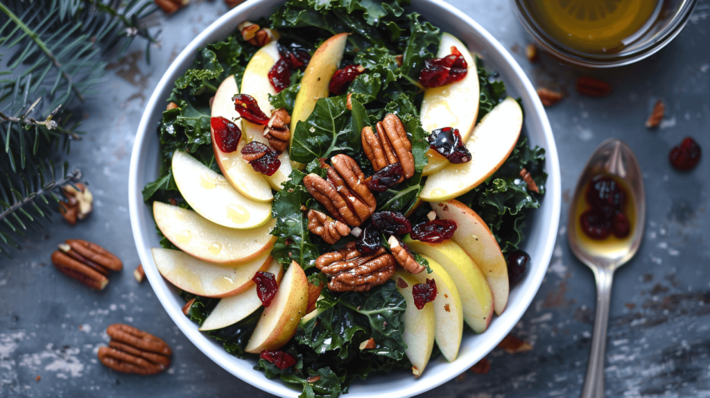 A bowl of massaged kale leaves with thinly sliced apples, dried cranberries, and toasted pecans. Dressed with apple cider vinegar and a touch of maple syrup.
