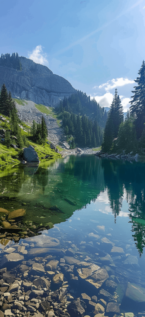 A peaceful mountain lake with clear reflections of the surrounding trees.
