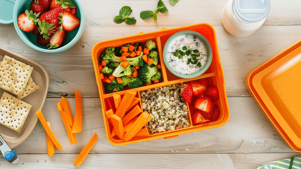 A bright and cheerful lunchbox for kids filled with colorful veggie sticks, a quinoa salad with mixed vegetables, sliced strawberries, a small container of yogurt, and whole grain crackers, all placed on a light wooden table. School lunch ideas for kids. 