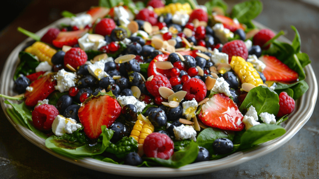 A bright and colorful salad with strawberries, blueberries, and raspberries mixed with baby spinach or mixed greens. Topped with crumbled feta cheese and slivered almonds. Dressed with olive oil, lemon juice, and honey.
