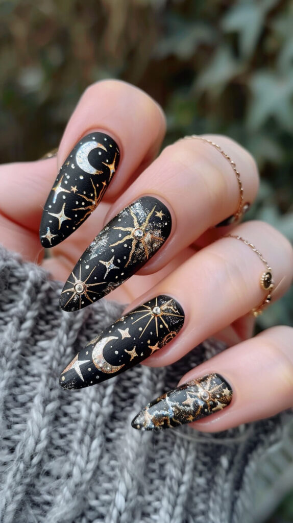 A set of nails with a matte black base and shiny silver or gold crescent moons, stars, and pentagrams. The design is mystical and elegant. 