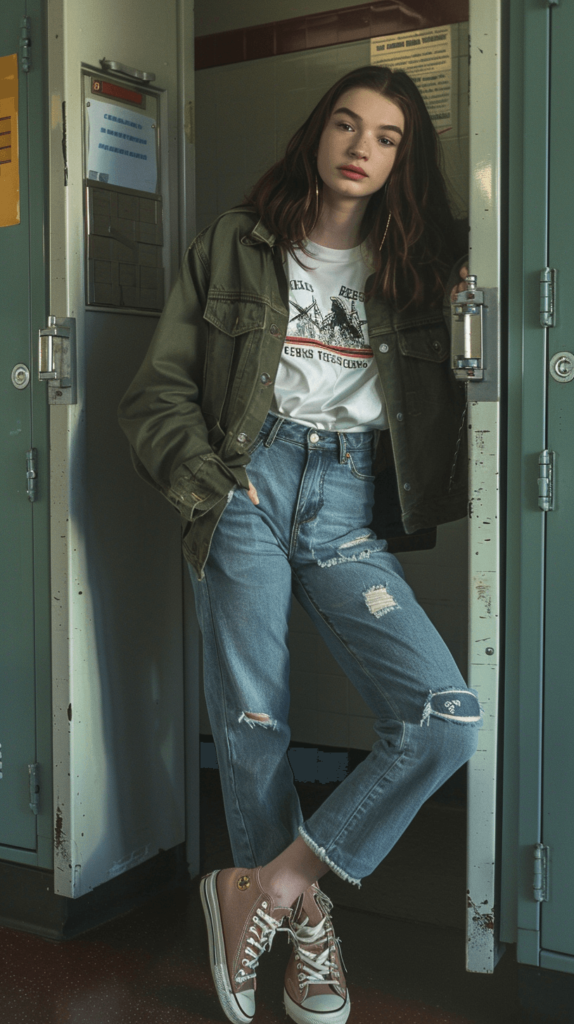 Graphic tee, high-waisted jeans, green military jacket, and Converse sneakers. This edgy yet practical outfit is perfect for school days when you want to make a statement.

