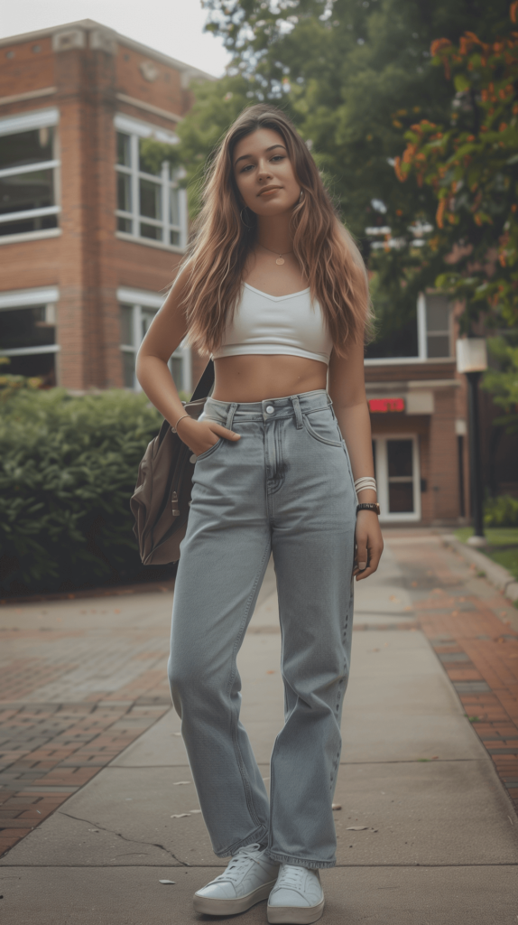 Fitted crop top paired with high-waisted mom jeans and white sneakers. This trendy and comfortable outfit is perfect for a day on campus, offering both style and ease of movement. Add a backpack and some layered necklaces to complete the look.






