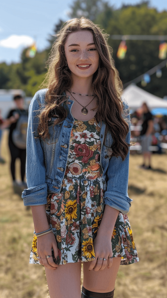 Floral dress paired with a denim jacket and ankle boots. This look is great for school events or casual outings, combining style and comfort effortlessly.

