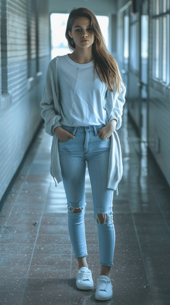 White basic tee, light blue jeans, and white sneakers. Add a light gray cardigan for a comfortable and stylish layered look, perfect for transitioning between classes.

