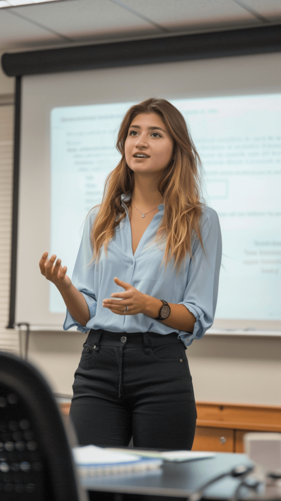 Light blue blouse tucked into tailored black pants, paired with black flats and a simple necklace. This polished outfit is ideal for making a great impression during presentations.

