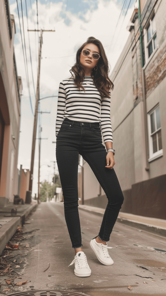 Striped long-sleeve shirt, high-waisted black jeans, and white sneakers. This outfit combines classic and casual elements, perfect for a relaxed yet put-together school day look. Add a simple necklace or a watch for a touch of elegance.





