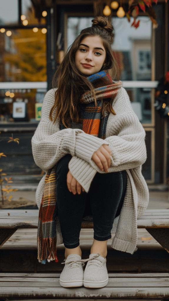 Oversized sweater in a neutral tone, black leggings, slip-on shoes, and a colorful scarf. This outfit is perfect for staying cozy and comfortable during study sessions.

