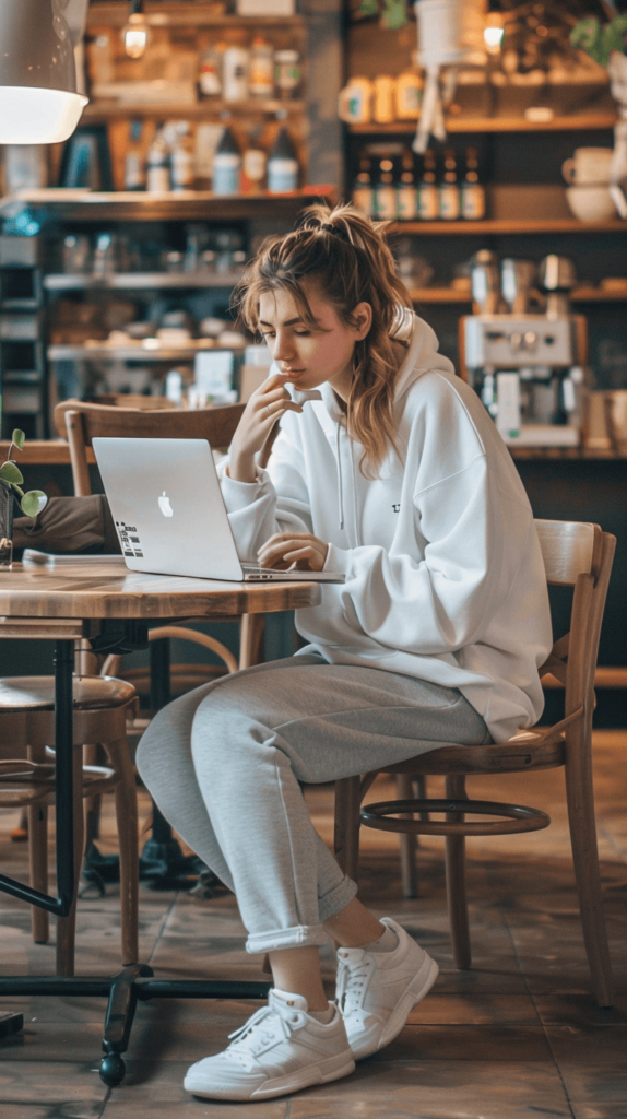 Loose white hoodie, joggers, and slip-on shoes. Perfect for a comfortable day of studying at a café, this outfit ensures you stay cozy while getting work done.





