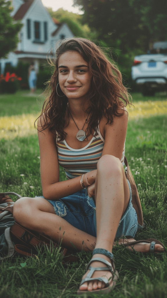 Striped tank top, denim shorts, and sandals. Perfect for a laid-back day on campus, this outfit is both comfortable and stylish for warmer weather.

