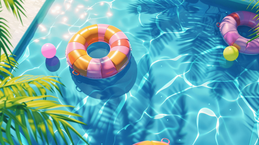 A sunny day, a crystal-clear blue swimming pool, a single inflatable pool float, palm palms, and bright poolside decorations surround the pool. 