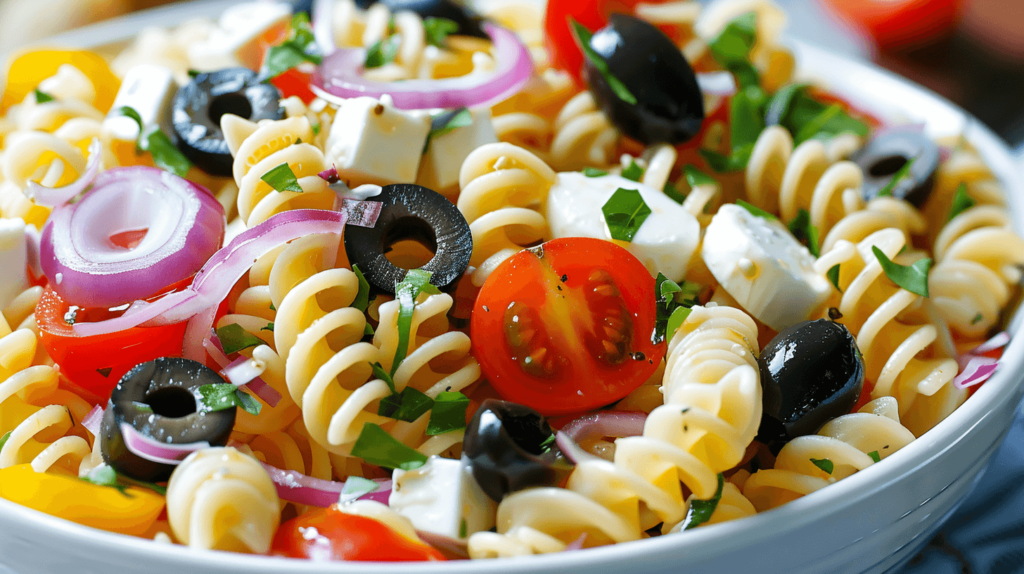 A colorful pasta salad with cooked pasta, cherry tomatoes, sliced black olives, diced red onion, and cubes of mozzarella cheese. Dressed with olive oil, red wine vinegar, and Italian seasoning.
