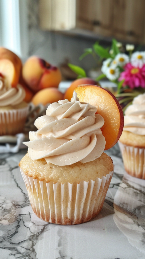 vanilla peach cupcakes on a kitchen counter
