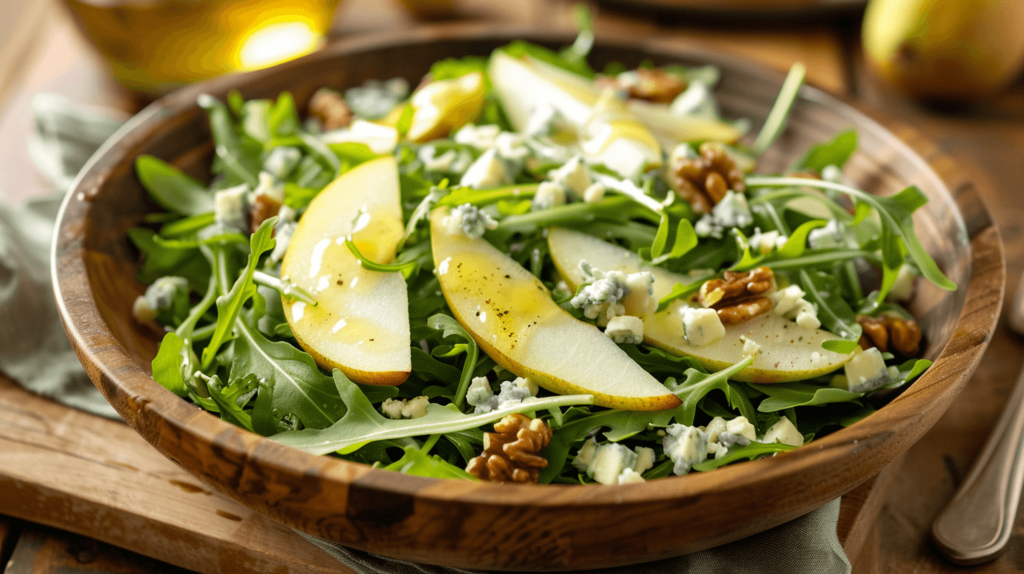 A sophisticated mix of arugula leaves with thinly sliced ripe pear, crumbled blue cheese, and walnuts. Drizzled with a vinaigrette made from olive oil, lemon juice, and honey.
