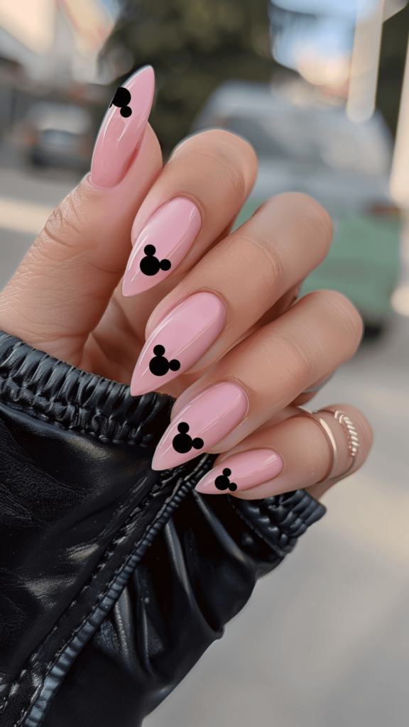 pink manicure with black Mickey heads on each nail.