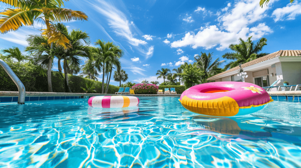 a clear blue swimming pool on a sunny day, with one inflatable pool float, surrounded by palm trees and colorful poolside accessories. pool captions for instagram