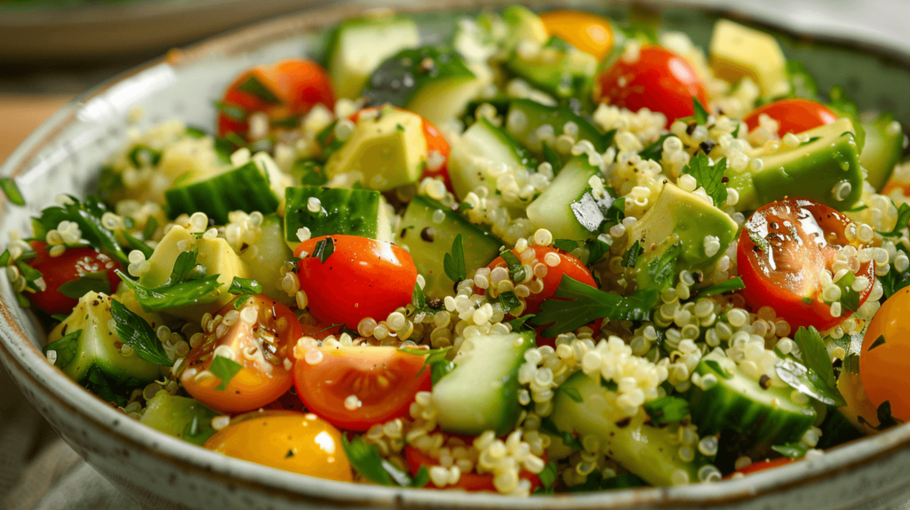 A colorful mix of cooked quinoa, diced avocado, cherry tomatoes, cucumber slices, and fresh herbs like parsley. Dressed with lemon juice and olive oil, with salt and pepper sprinkled on top.
