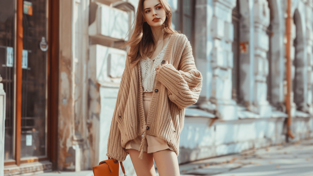 A stylish teen girl in a simple solid-color casual dress, paired with an oversized cardigan. She complements the outfit with ankle boots and a minimalist crossbody bag, capturing the chic and comfortable style; school outfits