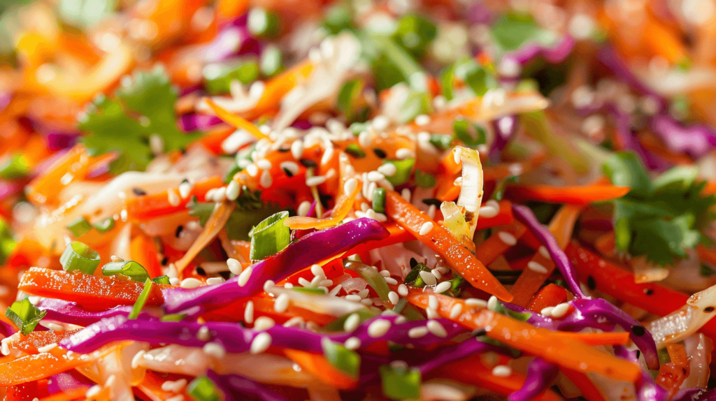 A colorful mix of shredded cabbage and carrots with thin red bell pepper strips. Topped with chopped green onions, cilantro, and sprinkled with sesame seeds. Dressed with soy sauce, rice vinegar, sesame oil, and honey.
