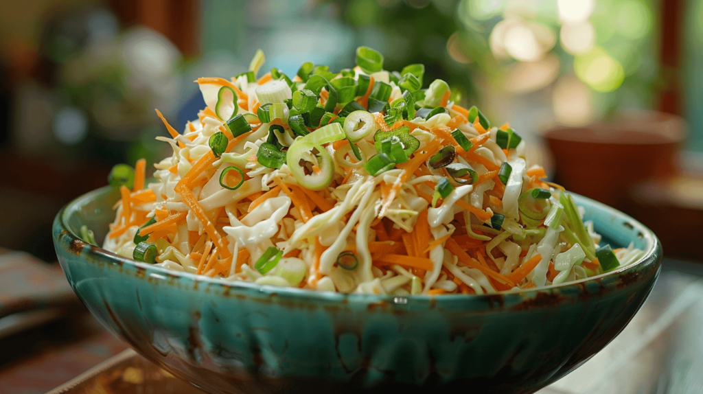 A bowl of shredded cabbage and carrots mixed with sliced green onions. Dressed with mayonnaise, apple cider vinegar, and a bit of sugar for a creamy and crunchy side dish.
