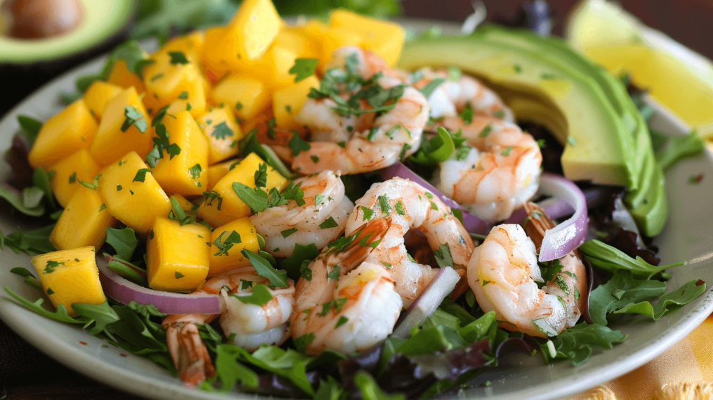A tropical salad with cooked shrimp, diced mango, mixed greens, red onion slices, and avocado chunks. Dressed with lime vinaigrette.
