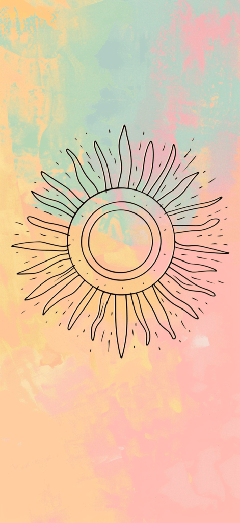 A simple line drawing of a sun with rays on a pastel background.
