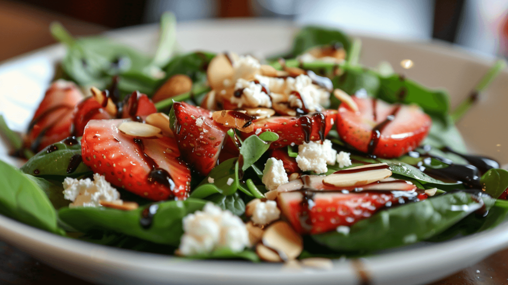 A fresh salad with baby spinach leaves, sliced strawberries, crumbled goat cheese, and slivered almonds. Drizzled with balsamic vinaigrette.
