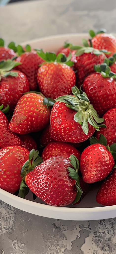 A close-up of fresh strawberries on a light background.
