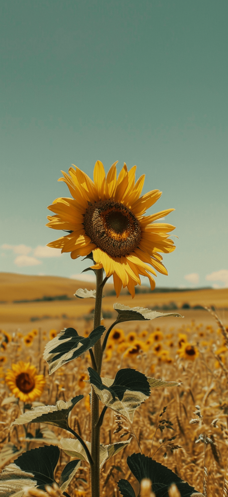 A single sunflower in a vast field under a clear sky.
