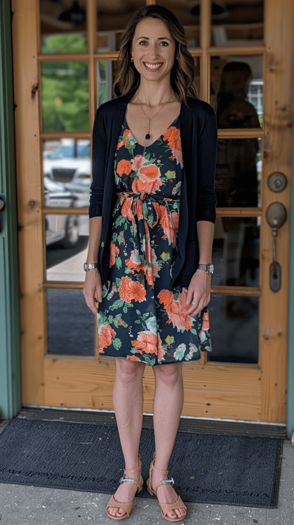 image of an attractive teacher in a knee length floral dress with flats and a cardigan