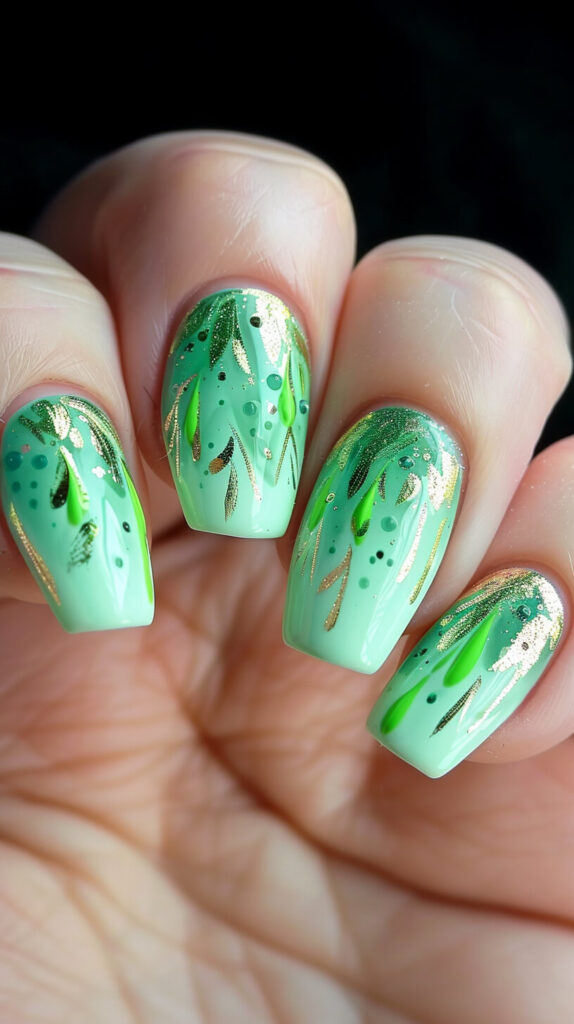 A manicured hand with a pastel green base featuring a cascading waterfall nail art design inspired by Princess Tiana. The design includes varying shades of green with gold accents, creating a flowy, delicate look that captures the essence of Tiana's dress and the swamp setting from "The Princess and the Frog."