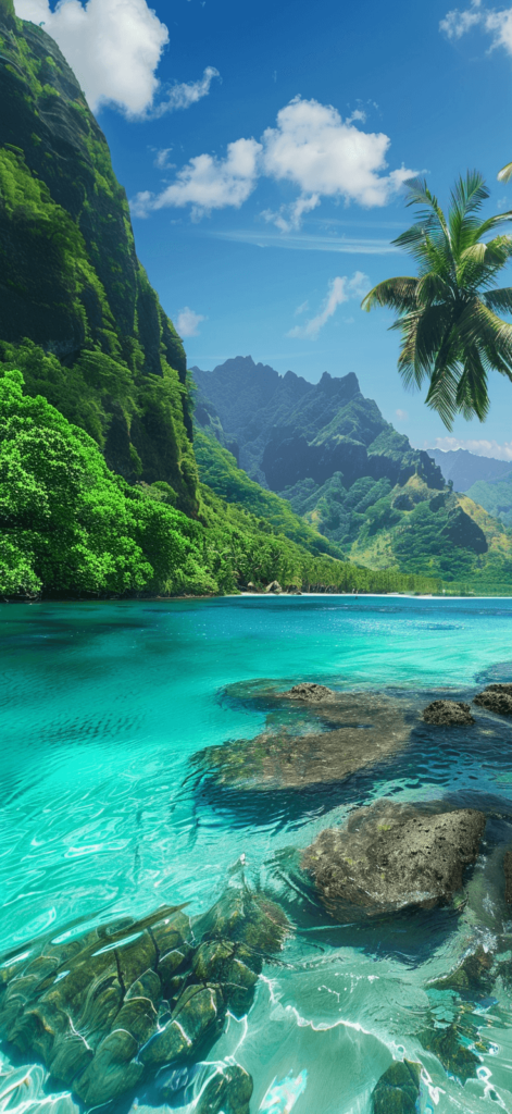 A tropical island with lush greenery and turquoise waters.
