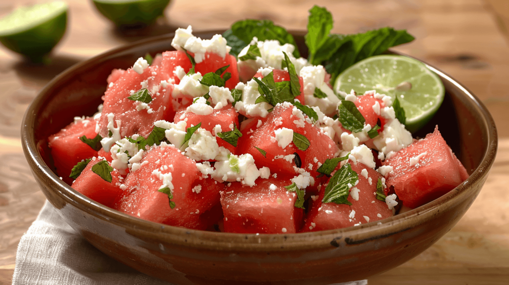 A bowl filled with cubed watermelon, crumbled feta cheese, whole mint leaves, and lime wedges. The vibrant pink of the watermelon contrasts with the white feta and green mint.
