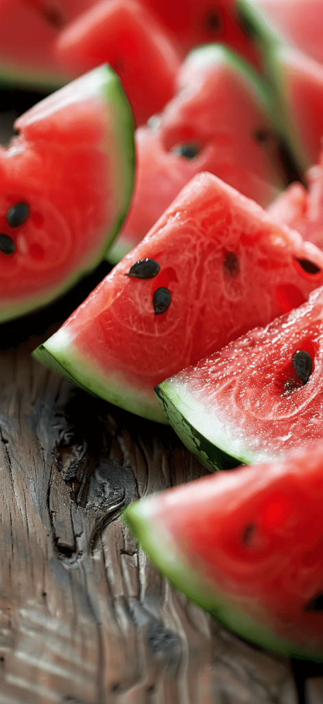 A close-up of juicy watermelon slices on a wooden table.
