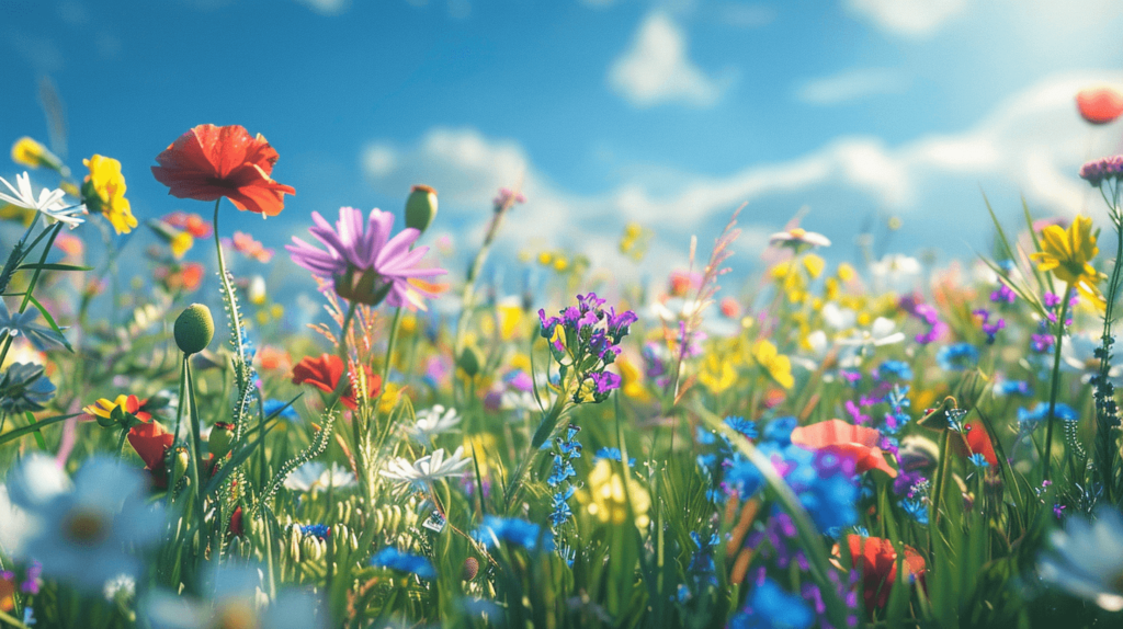 A vibrant field filled with various colorful flowers, including wildflowers, daisies, and poppies, growing naturally in a meadow. The flowers are uncut, swaying gently in the breeze under a bright, clear blue sky with soft sunlight casting a warm glow over the scene.