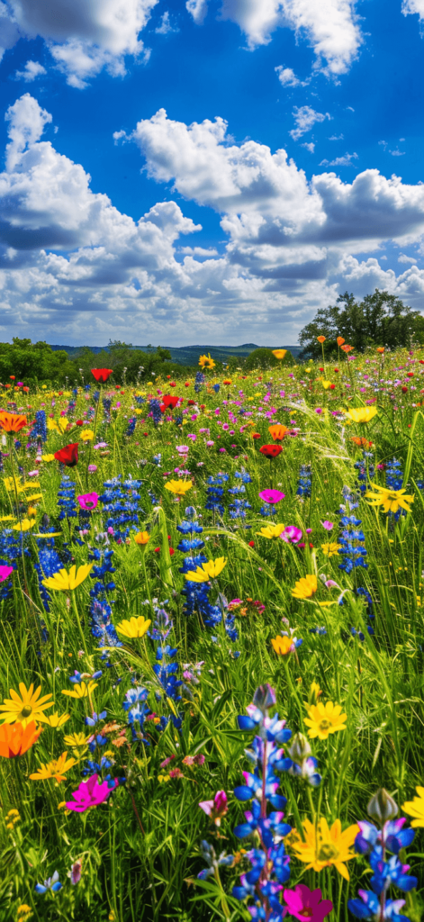 A field of colorful wildflowers in full bloom under a sunny sky.
