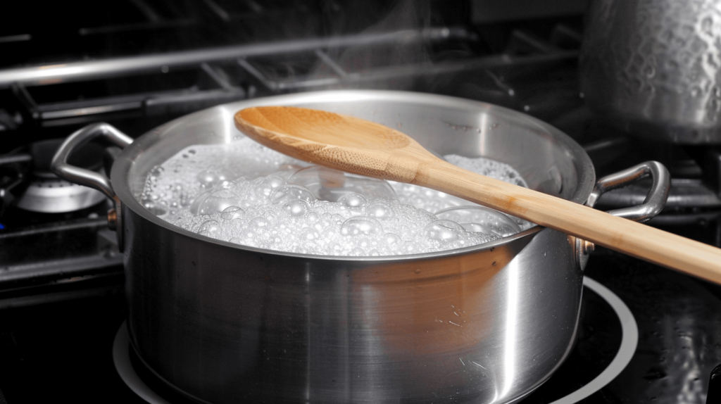 A pot of boiling water on a stove with a wooden spoon placed horizontally across the top, resting on the rim of the pot from one side to the other, preventing the water from boiling over and making a mess on the stovetop. Simple life hacks. 
