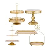 ZUMELER Gold 5Pcs Cake Stands Set Metal Round Cupcake Holder Cookies Dessert Display Plate Serving Tower Tray Platter with Handl for Baby Shower Wedding Birthday Party Celebration