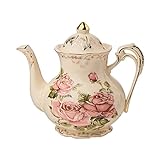 YOLIFE Floral Teapots, 29 oz (3 Cup) Ivory Vintage Ceramic Pink Rose Teapot with Gold Leaves Edge, Gifts for Women