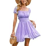 EXLURA Women's Tie Back Square Neck Short Puff Sleeve Casual Dresses A Line Sundress Mini Dress Lilac Purple