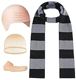 HEYFIZZ 4Pcs Halloween Costume Accessories for Adult,Black Gray Striped Scarf/Fake Nose/Bald Cap for Men Cosplay Set