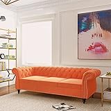 QHITTY Accent Large Sofa, Chesterfield Couch 3 Seater Modern Velvet Couch Upholstered Sofa with Tufted Back for Living Room Furniture (Orange)